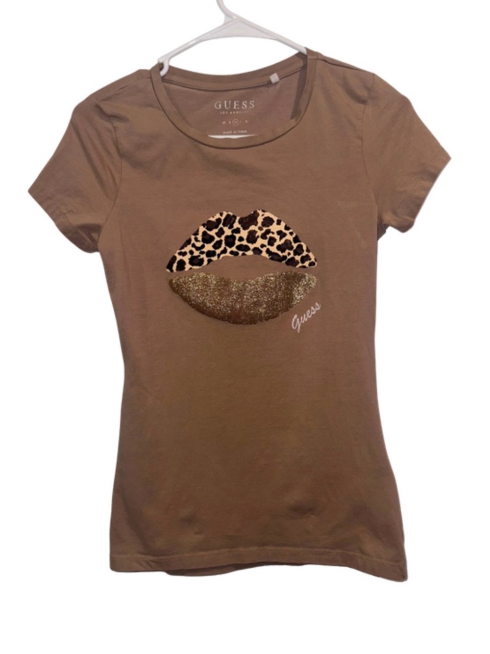 GUESS Brown Tee with Leopard Upper Lip and Gold Glitter Lower Lip